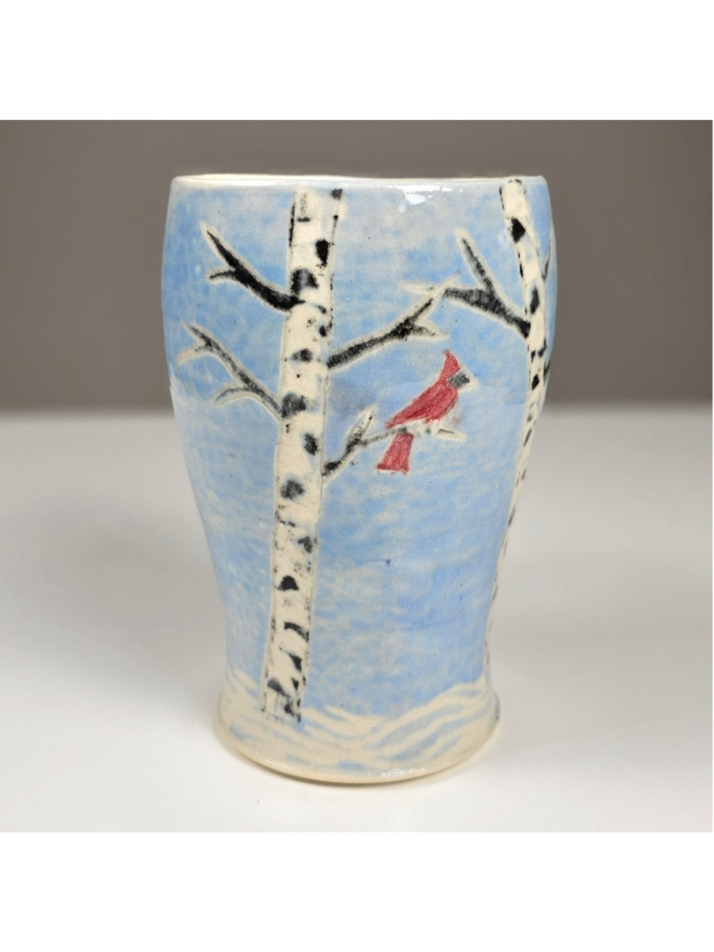 Mindy Sisk Handmade Pottery Mug Birch Trees Red Cardinal Winter Ceramic Cup 5" - Picture 3 of 9